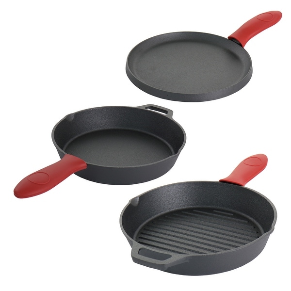 MegaChef Pre-Seasoned Cast Iron 6 Piece Set with Red Silicone Holders. Opens flyout.