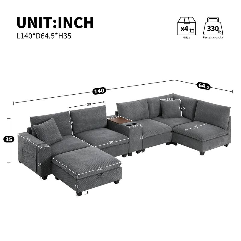 140" Corduroy U-Shaped Modular Sectional Sofa with Storage & USB