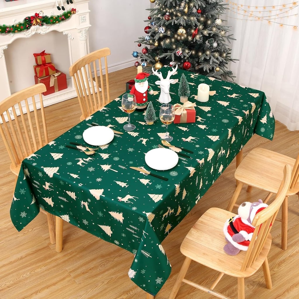 Christmas Rectangular Tablecloth Waterproof Holiday Xmas Decor, Green