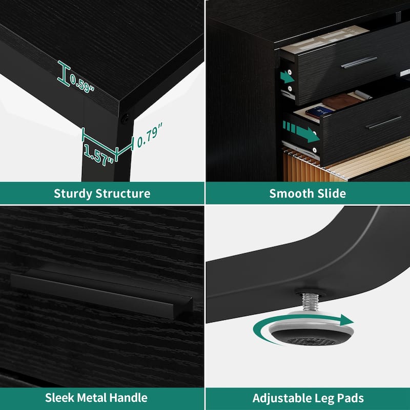 55 Inch L-shaped Gaming Desk with Power Outlets and LED Lights Computer Corner Desk with File Cabinet Monitor Stand