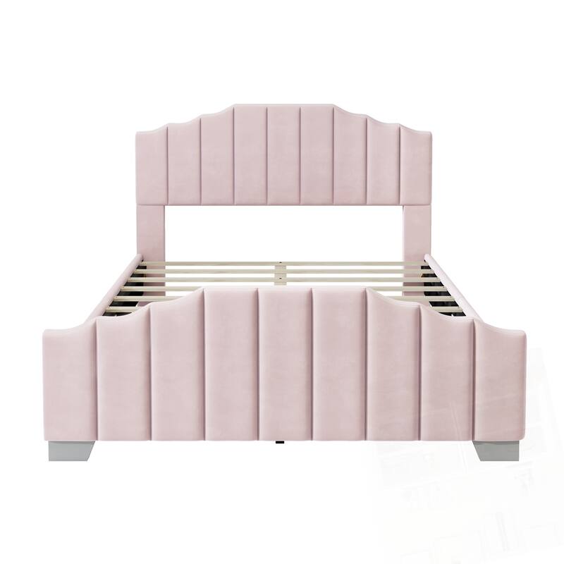 Velvet Upholstered Platform Bed Vertical Channel Tufted Headboard