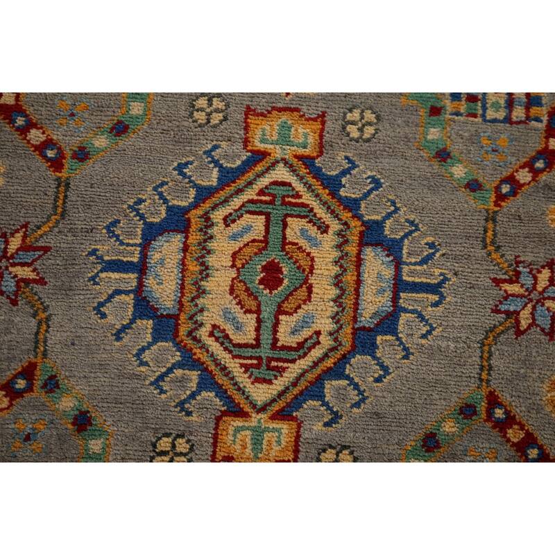 Geometric Kazak Runner Rug Hand-Knotted Grey Wool Carpet - 2'7" x 16'3"