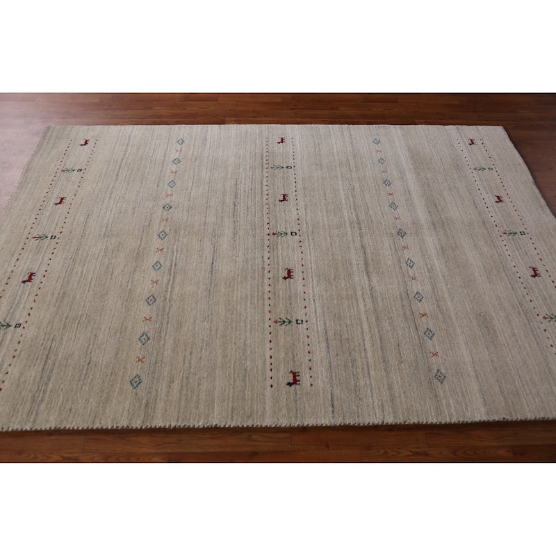 Beige Tribal Gabbeh Indian Area Rug Hand-Knotted Wool Carpet - 5'0" x 7'9"