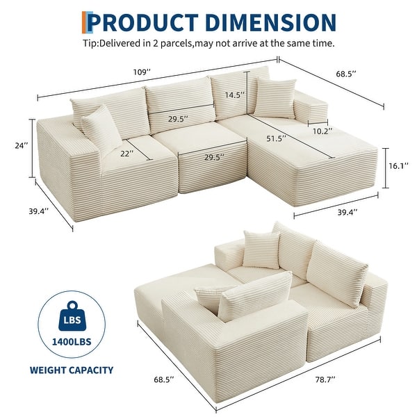 dimension image slide 5 of 8, 109'' Corduroy Modular Sectional Sofa with Chaise