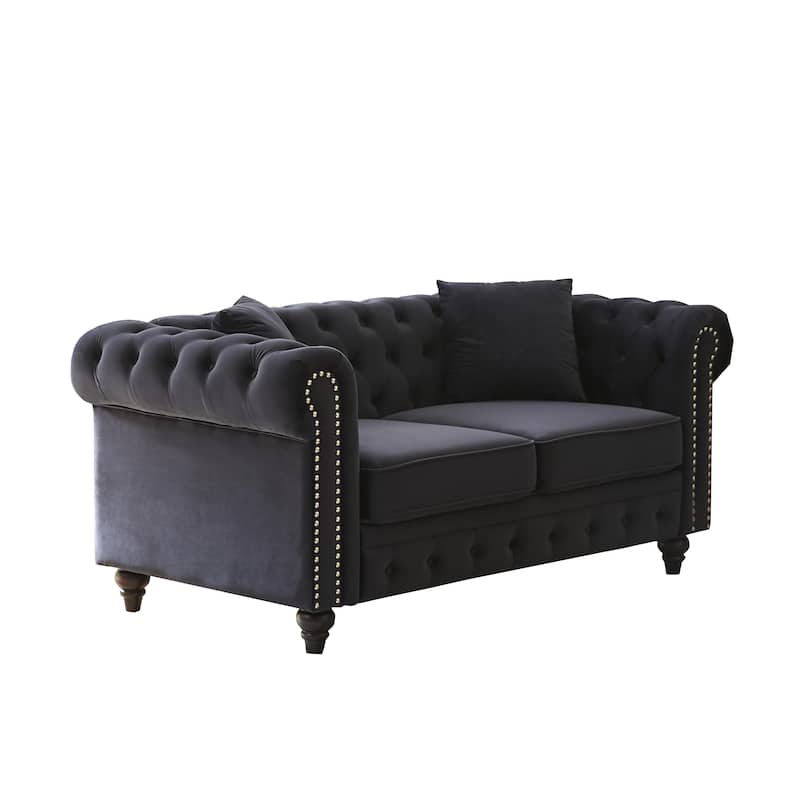 63.5"Sectional Sofa, Button Tufted With Nail Design Arms With 2 Pillows, Upholstered Fabric And Wood Legs
