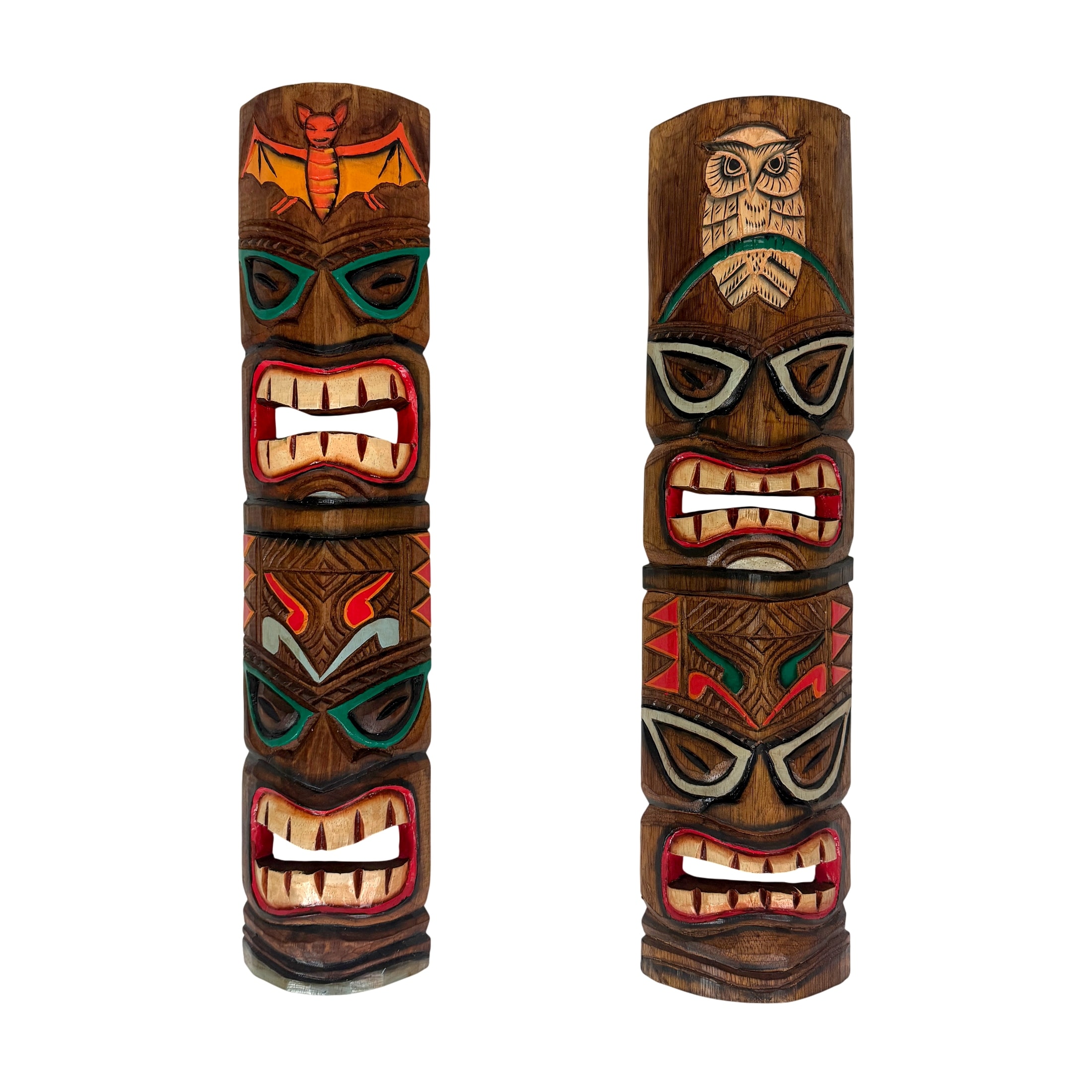 Zeckos 24 Inch Wood Double Tiki Mask Totem Wall Sculptures (Set Of 2)