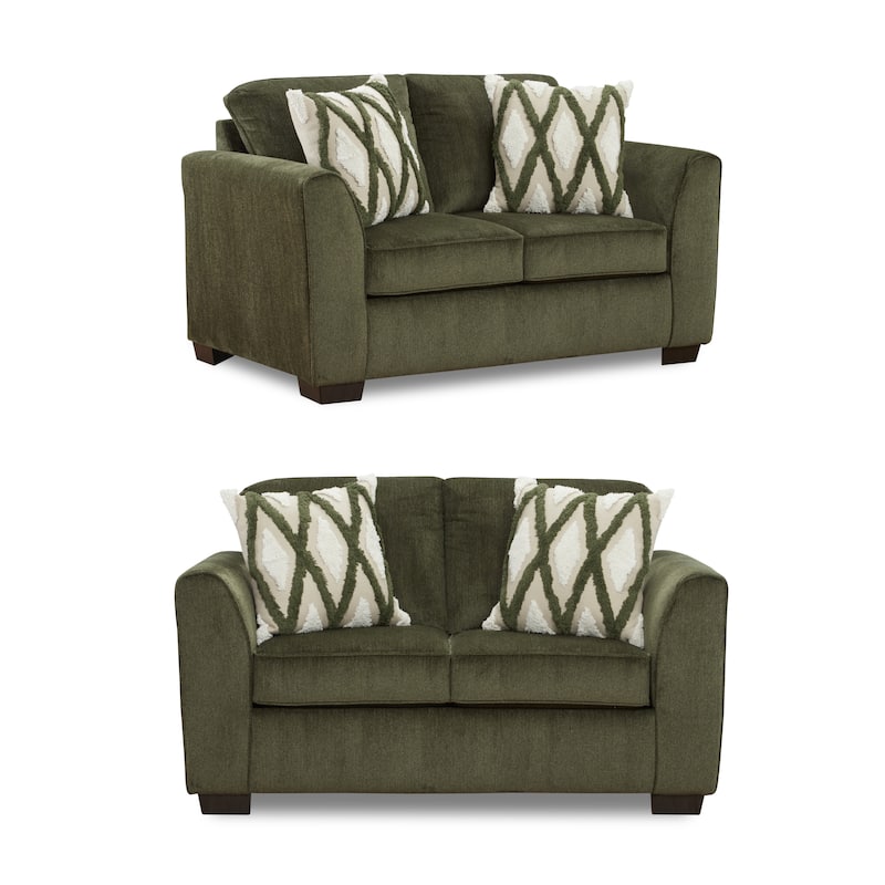 Roundhill Furniture Marvella Living Room Sofa and Loveseat Set with Mosswood Chenille Upholstery and Textured Accent Pillows
