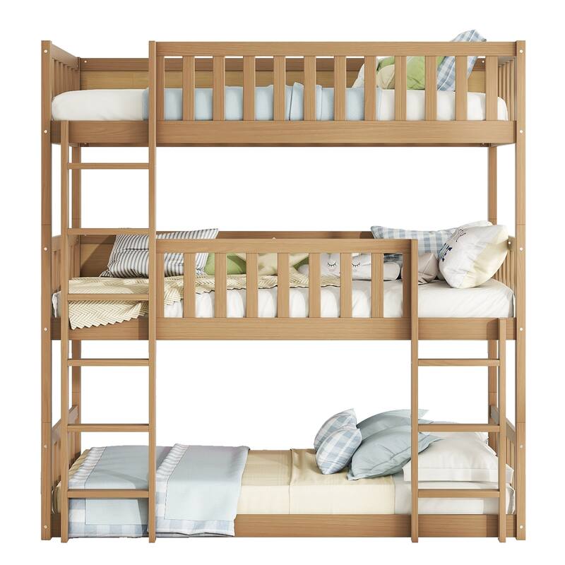 Twin Over Twin Over Twin Triple Bunk Bed, Rubber Wood, Convertible Design with Ladders and Guardrails