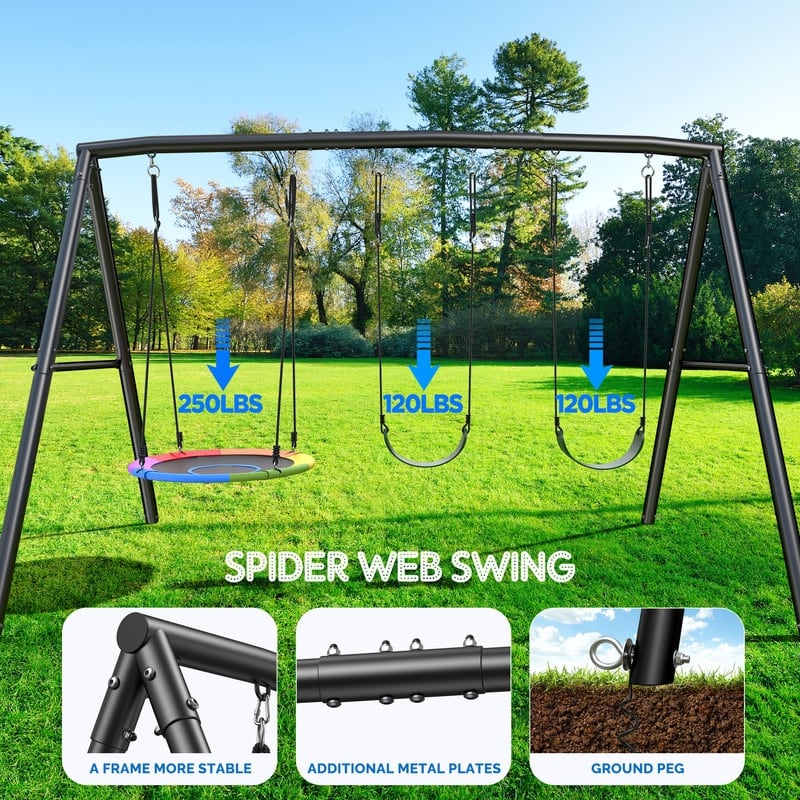Hapfan 500lb Heavy Duty Metal Swing Sets for Backyard with Saucer Swing, 2 Belt Swings