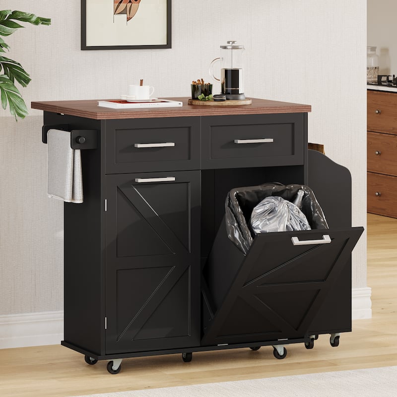 47.2"Farmhouse Kitchen Island with Drop Leaf, Removable Side Racks,Two Drawers,Rolling Kitchen Cart on Wheels with Towel Rack