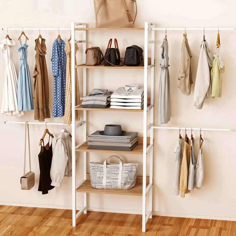 Moasis Garment Rack Heavy Duty Clothes Rack with 4 Expandable Hanging Rods, And Storage Shelves - White
