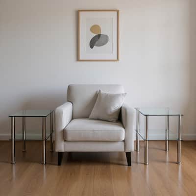 HomeRoots Set of Two Clear and Silver Glass and Metal Square End Tables With Shelf - 17.71 in. x 23.62 in. x 17.71 in.