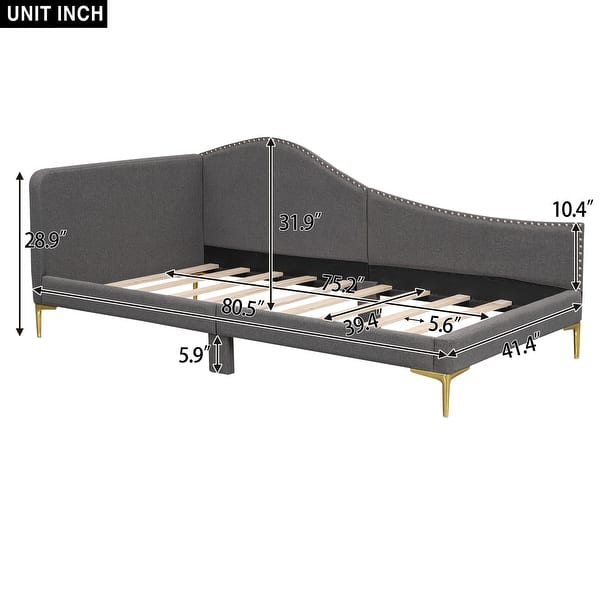 dimension image slide 1 of 3, Upholstered Daybed with Nailhead Trim, L Shaped Linen Fabric Sofa Bed Frame with Backrest and Armrest, Gold Metal Legs