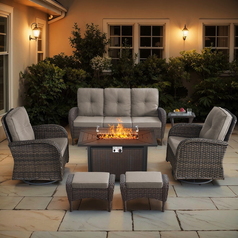 PlainCurve 7-Piece Brown Wicker Patio Fire Pit Sofa Seating Set with Olefin Cushions