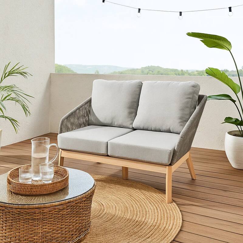 Dexi 51 Inch Patio Sofa, Fade Resistant Fabric Cushions, Gray Acacia Wood
