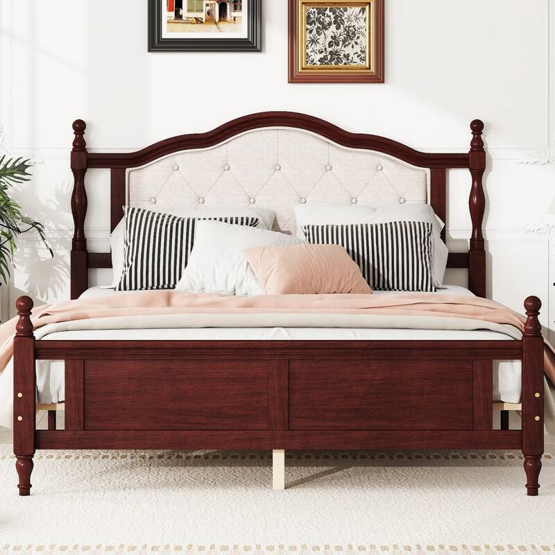 Solid Wood Queen Size Platform Bed Frame with Upholstered Headboard