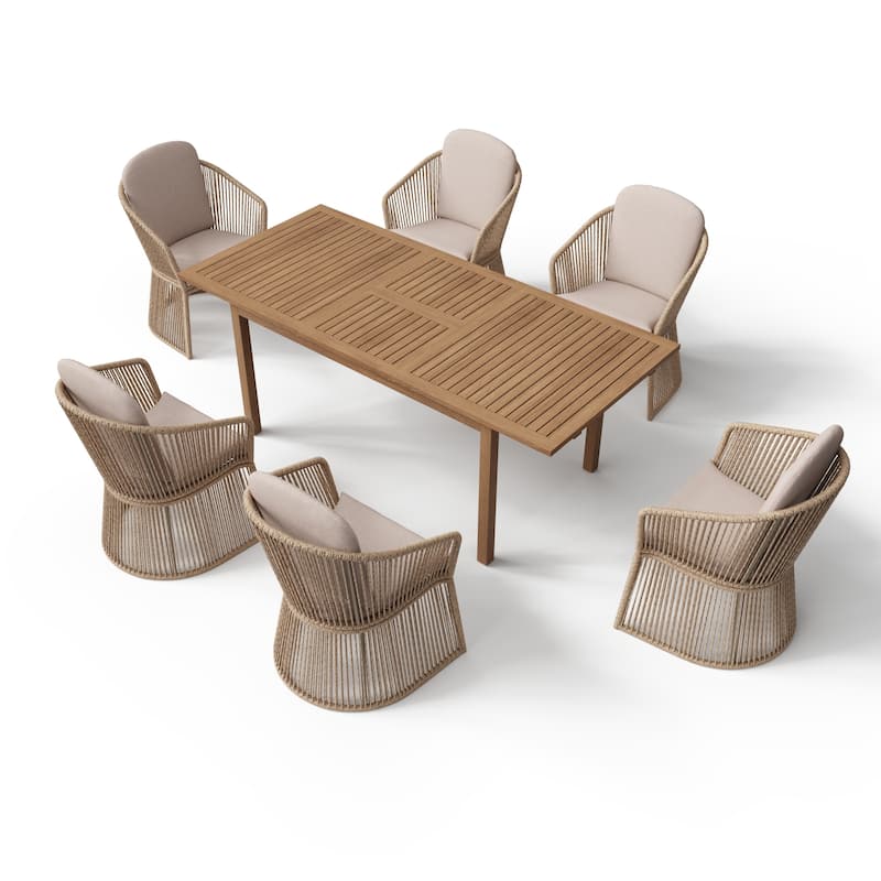 Extendable Wood Outdoor Dining Table Set with 6 PE Wicker Chairs