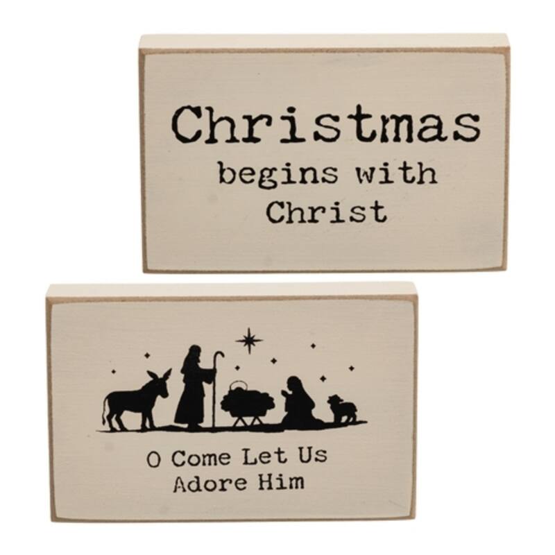 Christmas Begins with Christ Wooden Blocks Cream Rustic Nativity Decor with O Come Let Us Adore Him - 2 Asstd - Beige