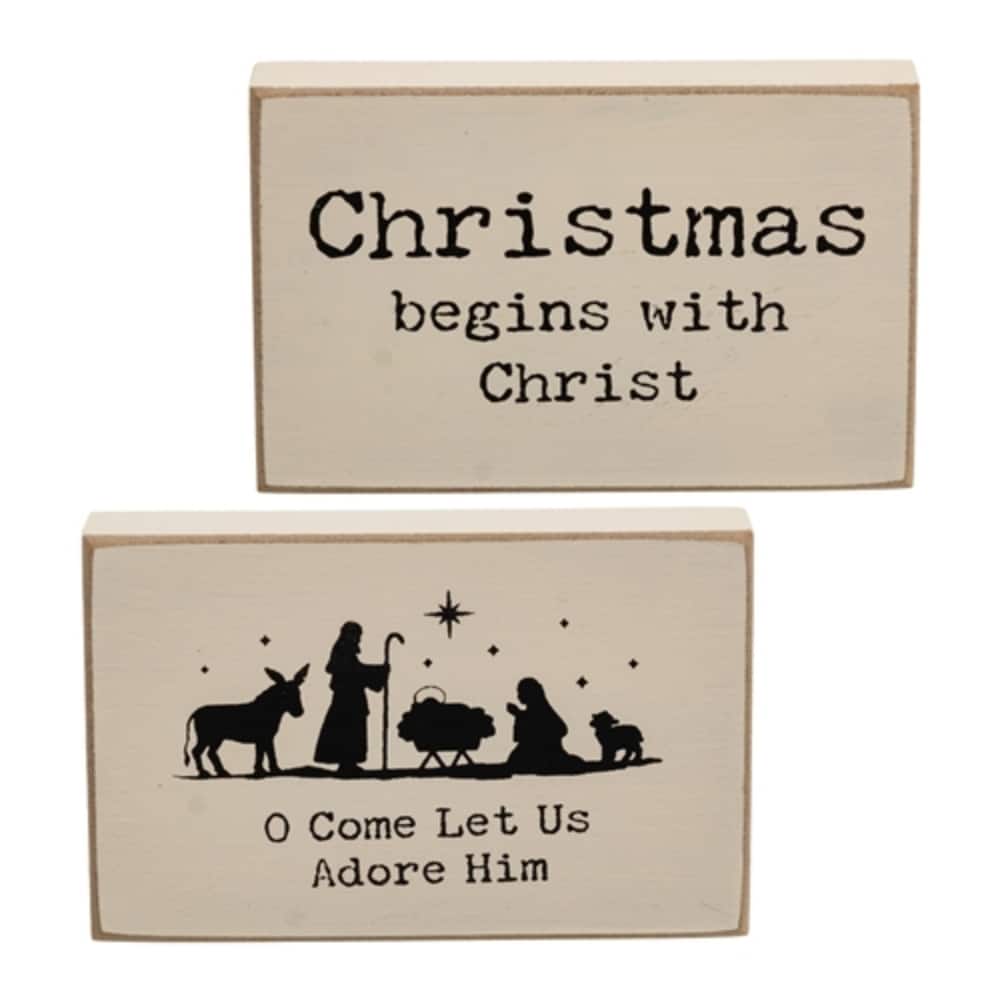 Christmas Begins with Christ Wooden Blocks Cream Rustic Nativity Decor with O Come Let Us Adore Him - 2 Asstd