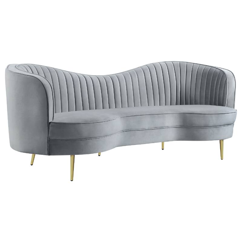 Enzo 2pc Living Room Sofa Set, Modern Curved, Gray Channel Tufted Velvet