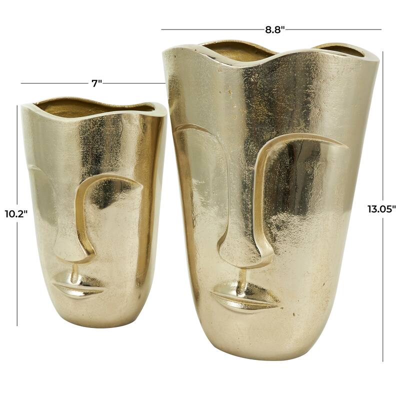 Gold Aluminum Metal Face Decorative Vase with Abstract Details (Set of 2)