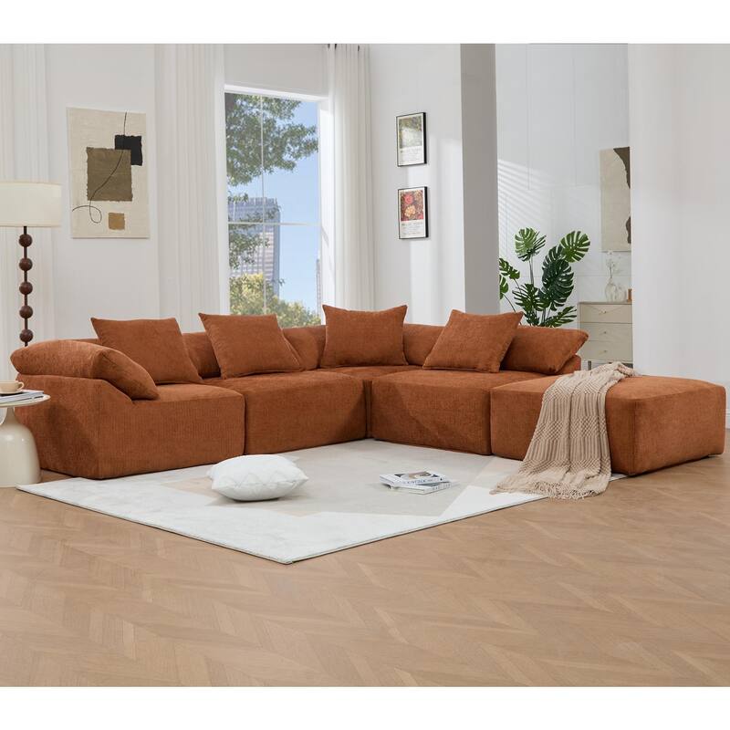142" L-Shaped Modular Sectional Sofa, Floor Chenille Upholstered Couch with Ottoman, Convertible Sleeper Couch for Living Room