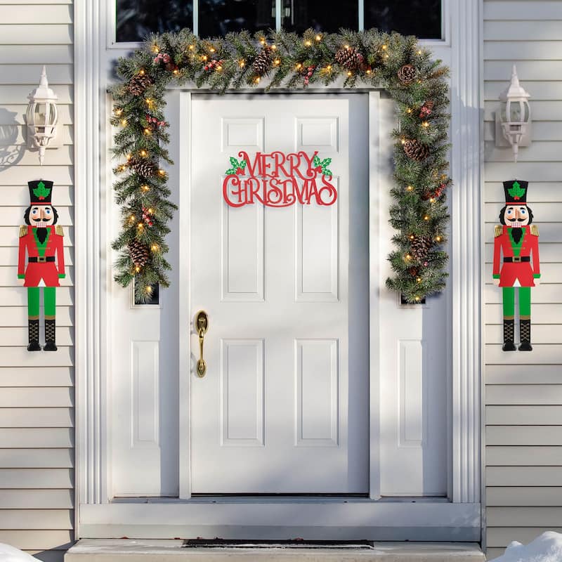 Glitzhome Metal Nutcracker with MERRY CHRISTMAS or Snowman with HAPPY HOLIDAYS Yard Stakes Wall Decor(Set of 3 )