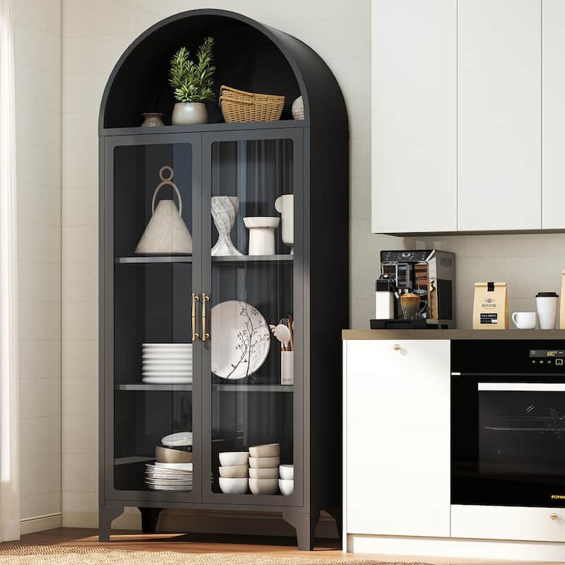 73.6-Inch Arched Metal Storage Display Cabinet with Glass Doors