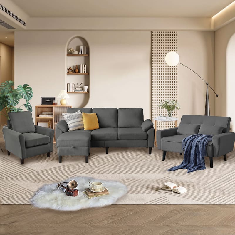 4-Piece Corduroy Living Room Sectional Sofa Set with Loveseat and Chair