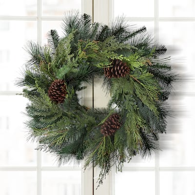 24" Deep Woods Mix Greens W/Cones Wreath - Natural Green