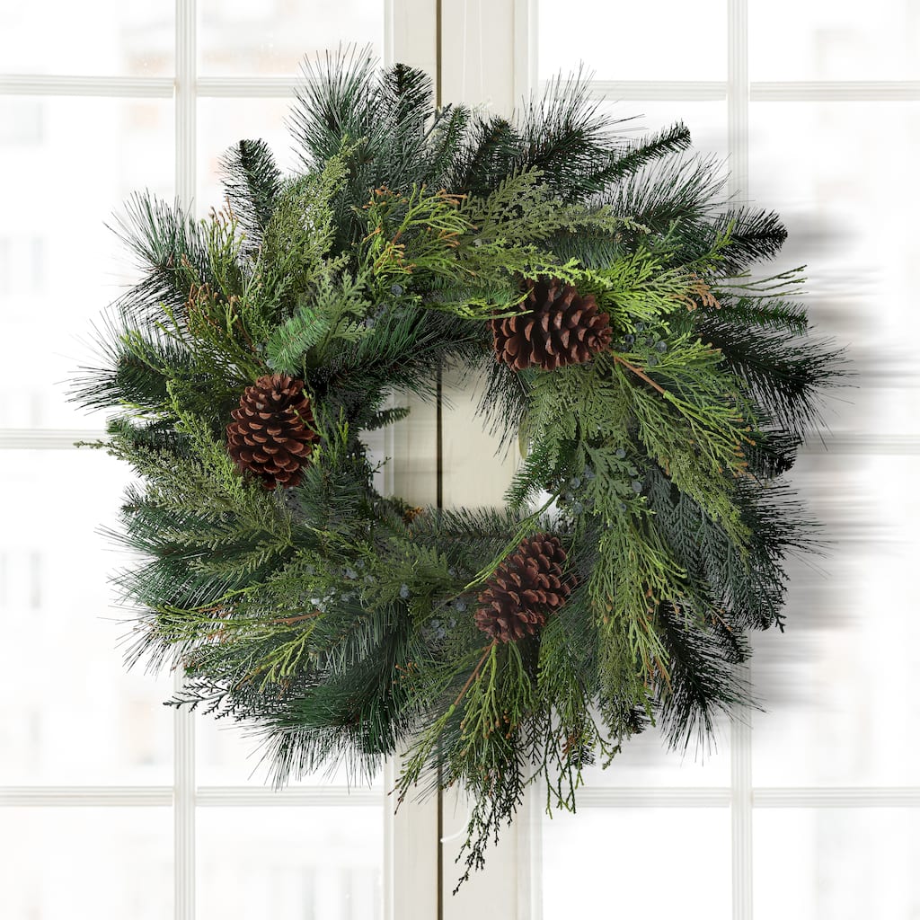 24" Deep Woods Mix Greens W/Cones Wreath - Natural Green