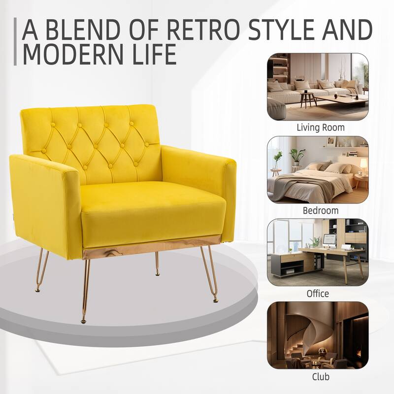 Velvet Upholstered Armchair Single Sofa Modern Tufted Reading Chairs Gold Metal Leg Wingback Chairs for Living Room Bedroom