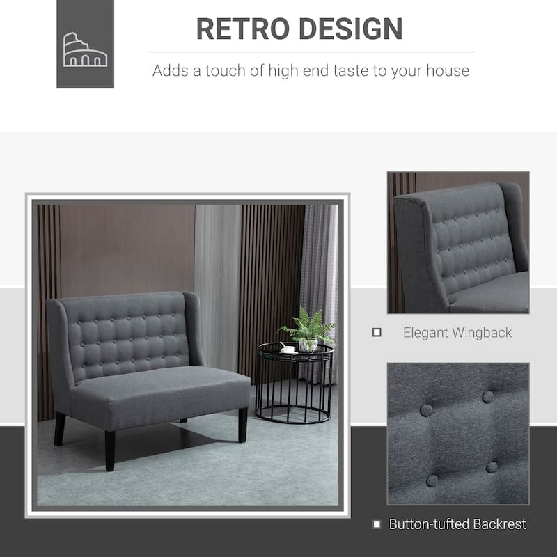 Grey Linen Upholstered Wingback Sofa with Rubberwood Frame and Button-Tufted Design for 2 Comfortable Seat