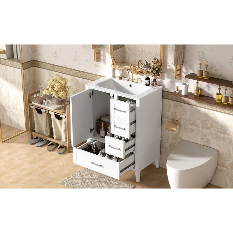 GDFStudio - Yuma Space Saving Minimalist Freestanding Bathroom Vanity Cabinet with Ceramic Sink and Soft Close Storage