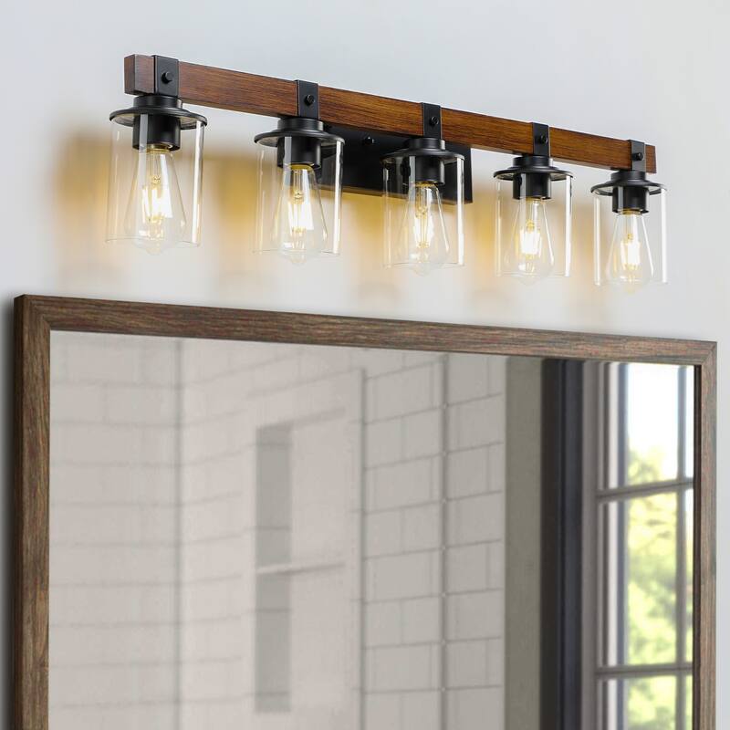 35" Rustic 5-Light Vanity Light, Industrial Bathroom Wall Sconce with Glass Shades and Wood Accent (No Bulbs) - Walnut