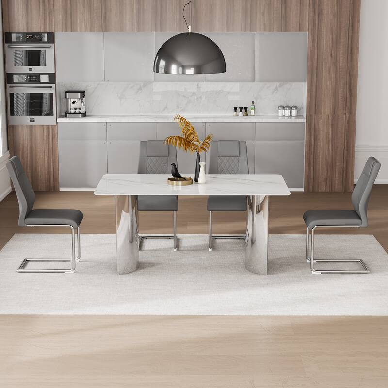 Kitchen Rectangle Dining Table Set for 4, 63" Faux Marble Glass Table with Stainless Steel Legs and PU Upholstered Chairs