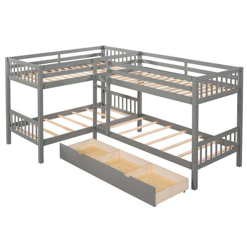 Mission-Style L-Shaped Twin Bunk Bed with Storage Drawers, Durable Pine Wood Frame