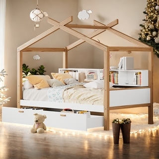 Full Size Wooden House Bed, Kids Bed Frame with 2 Drawers and Bookshelf Storage Space