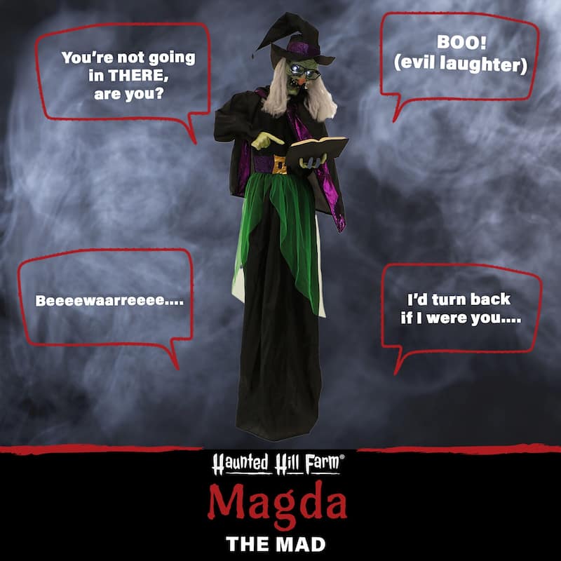 6-ft. Standing Witch, Indoor/Covered Outdoor Halloween Decoration, LED White Eyes, Poseable, Magda the Mad
