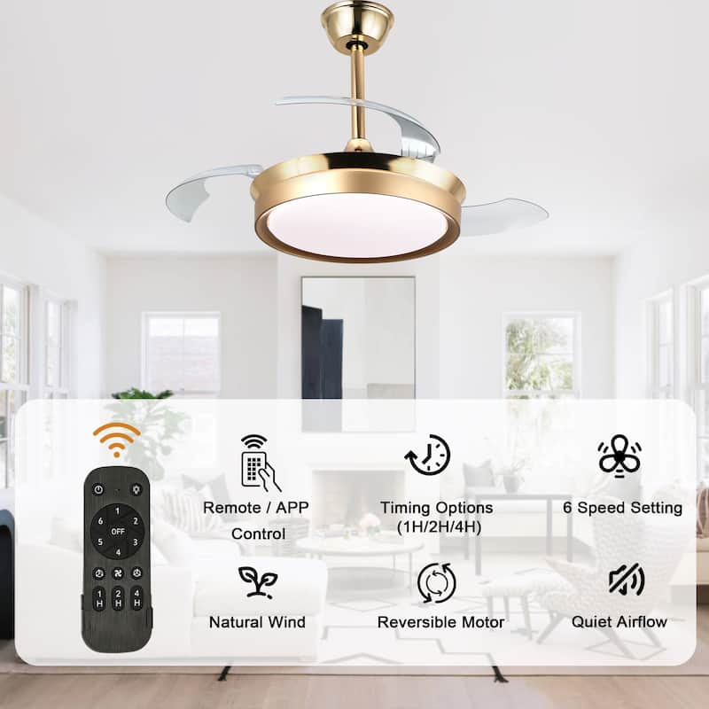 Bella Depot 36" Modern Retractable Ceiling Fan with Dimmable Led Light and Remote, 6-Speed Reversible DC Motor