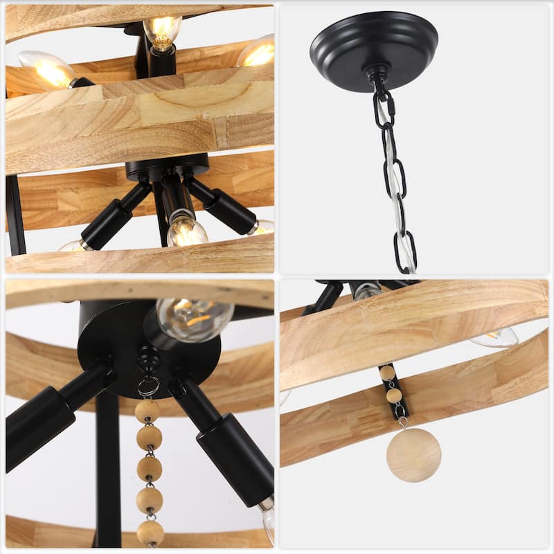 Bella Depot 20" 6-Light Solid Wood Rustic Chandelier Adjustable Pendant Light for Dining Room Bedroom