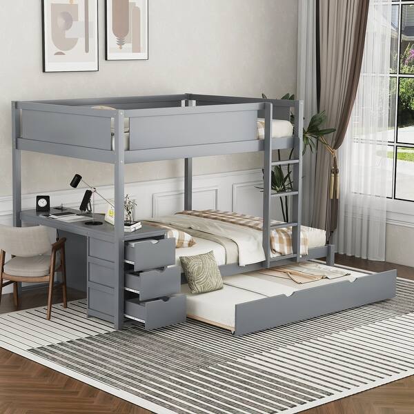 slide 2 of 27, Full-Over-Full Wooden Bunk Bed with Twin size Trundle, Storage Drawers and Desk Grey