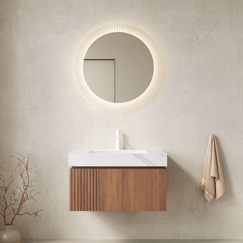 Floating Bathroom Vanity with Sintered Stone Top and Undermount Ceramic Basin - 29.92'' x 18.9'' x 17.72'' - Brown Oak and Carrara White
