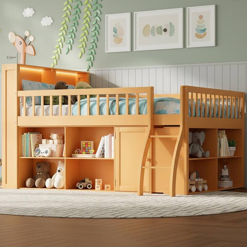 Loft Bed with Integrated LED Headboard, Spacious Storage & Cabinet by Harper&Bright Designs - Natural - Full