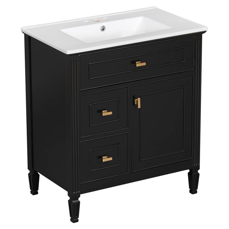 Roomfitters 30" Bathroom Vanity with Ceramic Sink, Solid Wood Frame with Flip Drawer, 2 Side Drawers & Adjustable Shelf