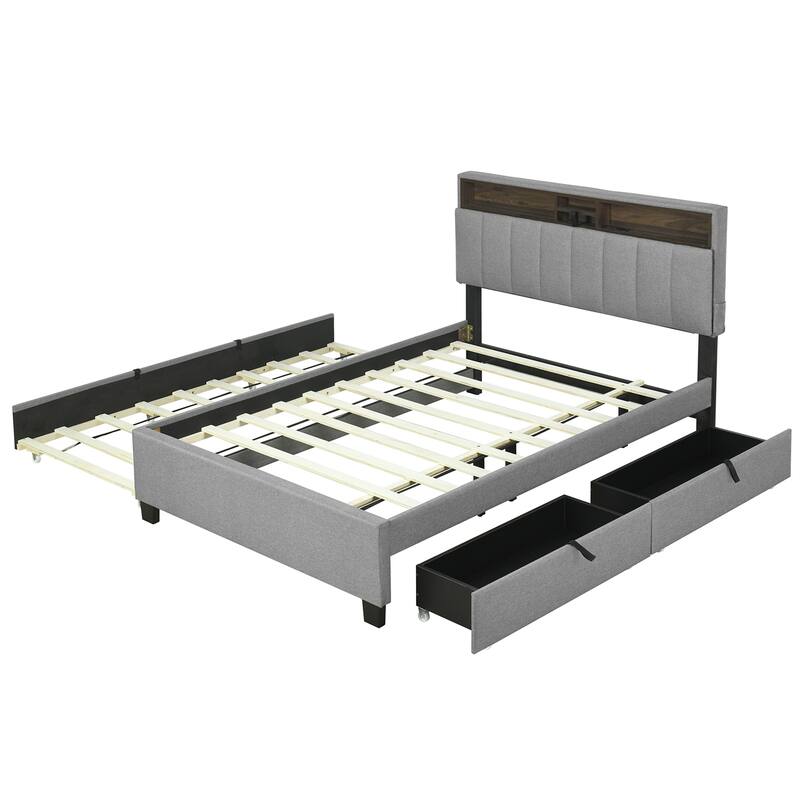 Full size Upholstered Platform Bed with Twin Size Trundle & 2 Drawers