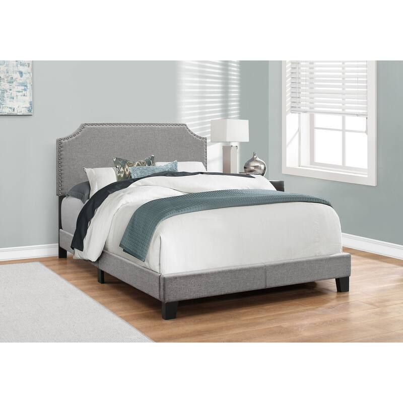 Full Size Upholstered Bed Frame with Grey Linen Look and Chrome Trim - Grey