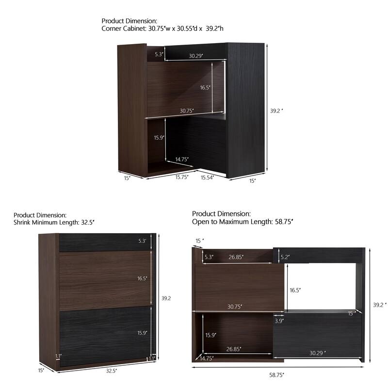 Retractable Corner Bookcase Set of 2 Wood Storage Cabinet, Buffet Sideboard w/ Drawer for Living Room, Entryway, Kitchen, Office