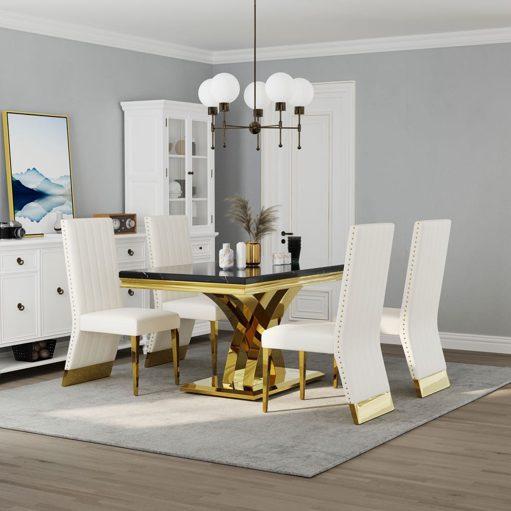 Stylish Modern X Cross Base Dining Room Table Set with Gold Dining Chairs