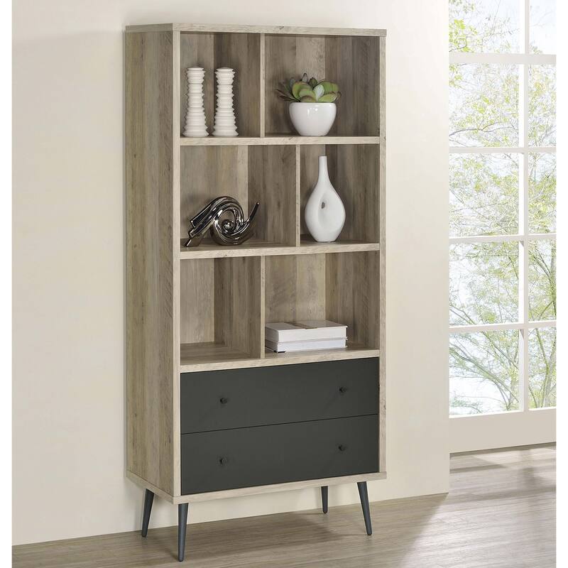 With 2 Drawers and 3 Shelves Wood Bookcase in Antique Pine and Grey